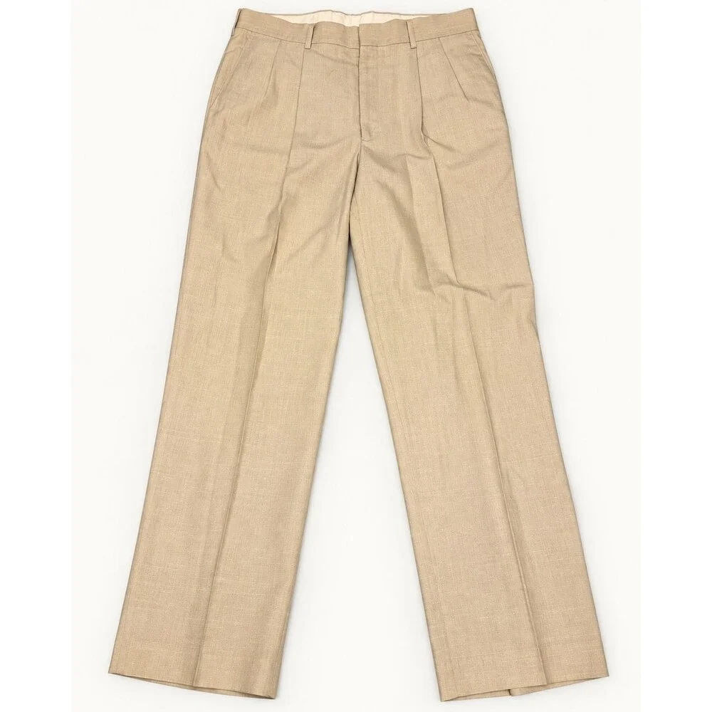 Haggar Pleated Dress Pants Beige Dacron Rayon Acrylic Made USA 34/31